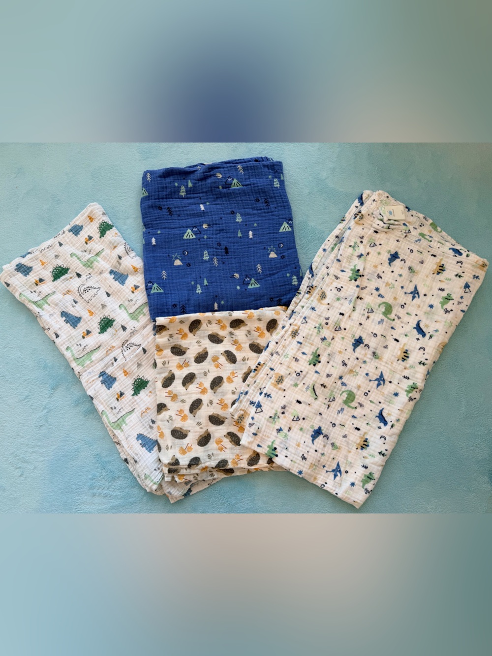 Set of 4! Muslin Swaddle Blankets - Dinosaur & Woodland Prints